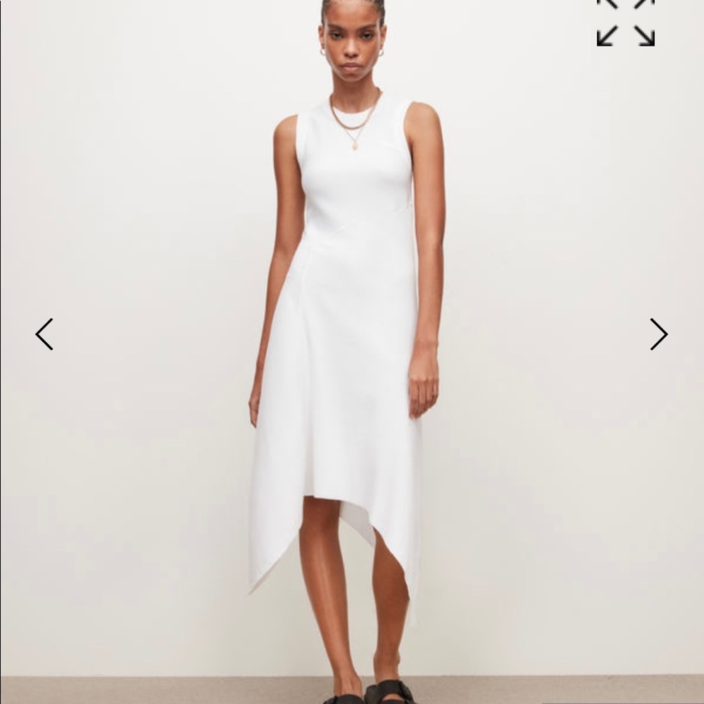 Cotton white sleeveless asymmetrical hem white dress with white textured stripes